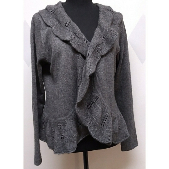 Gray open front cardigan with scalloped hem - Picture 1 of 12